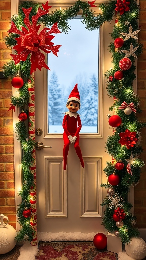 A Christmas door decorated with Elf on the Shelf theme, colorful lights, and ornaments.